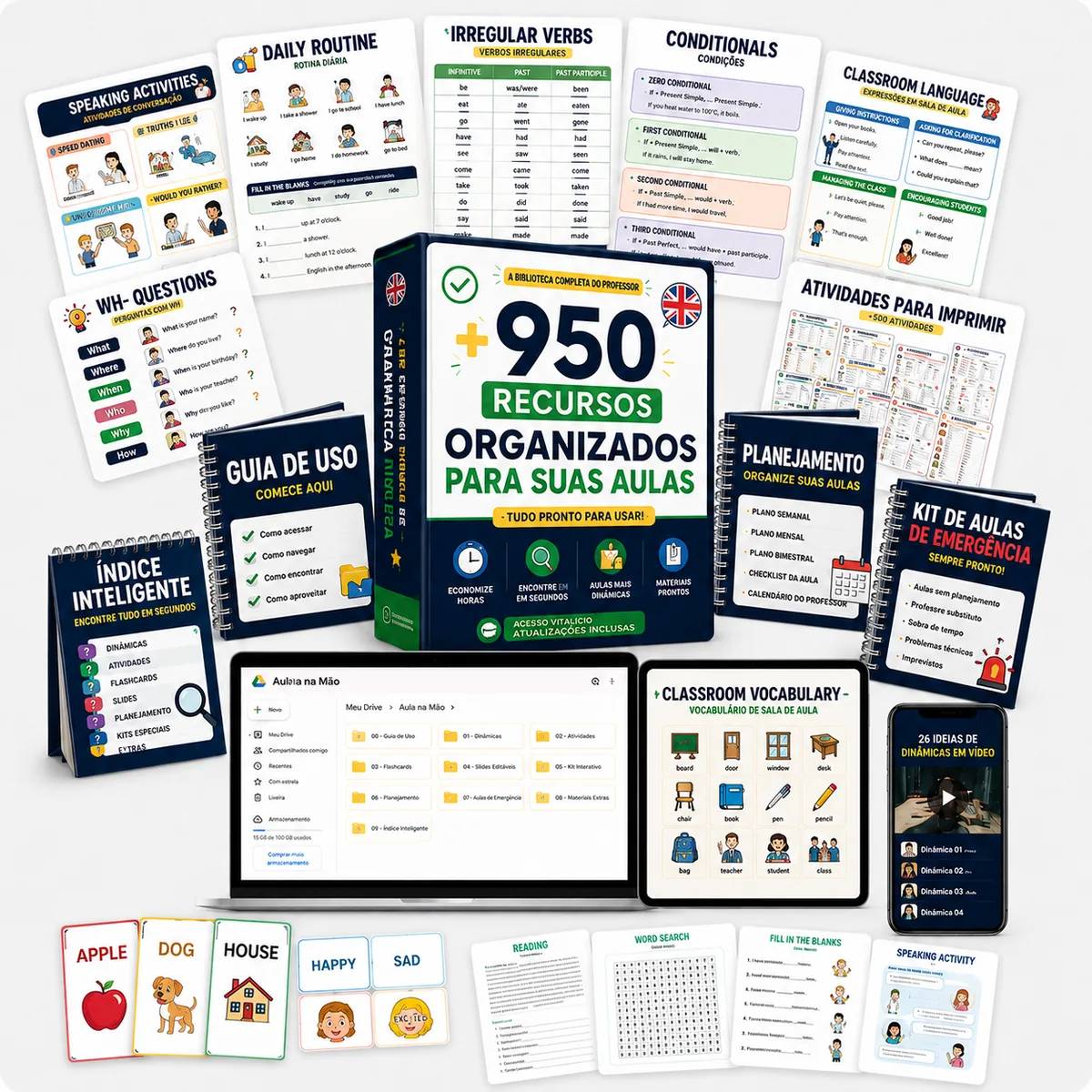 Mockup com os materiais do Aula na Mão: dinâmicas, atividades imprimíveis, flashcards, kit de planejamento, Índice Inteligente e pasta organizada no Google Drive