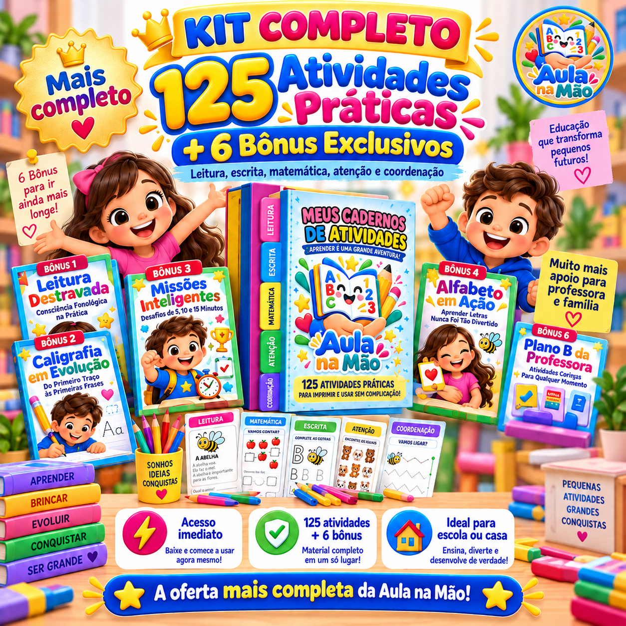 Kit completo Aula na Mão com 125 atividades práticas e 6 bônus exclusivos